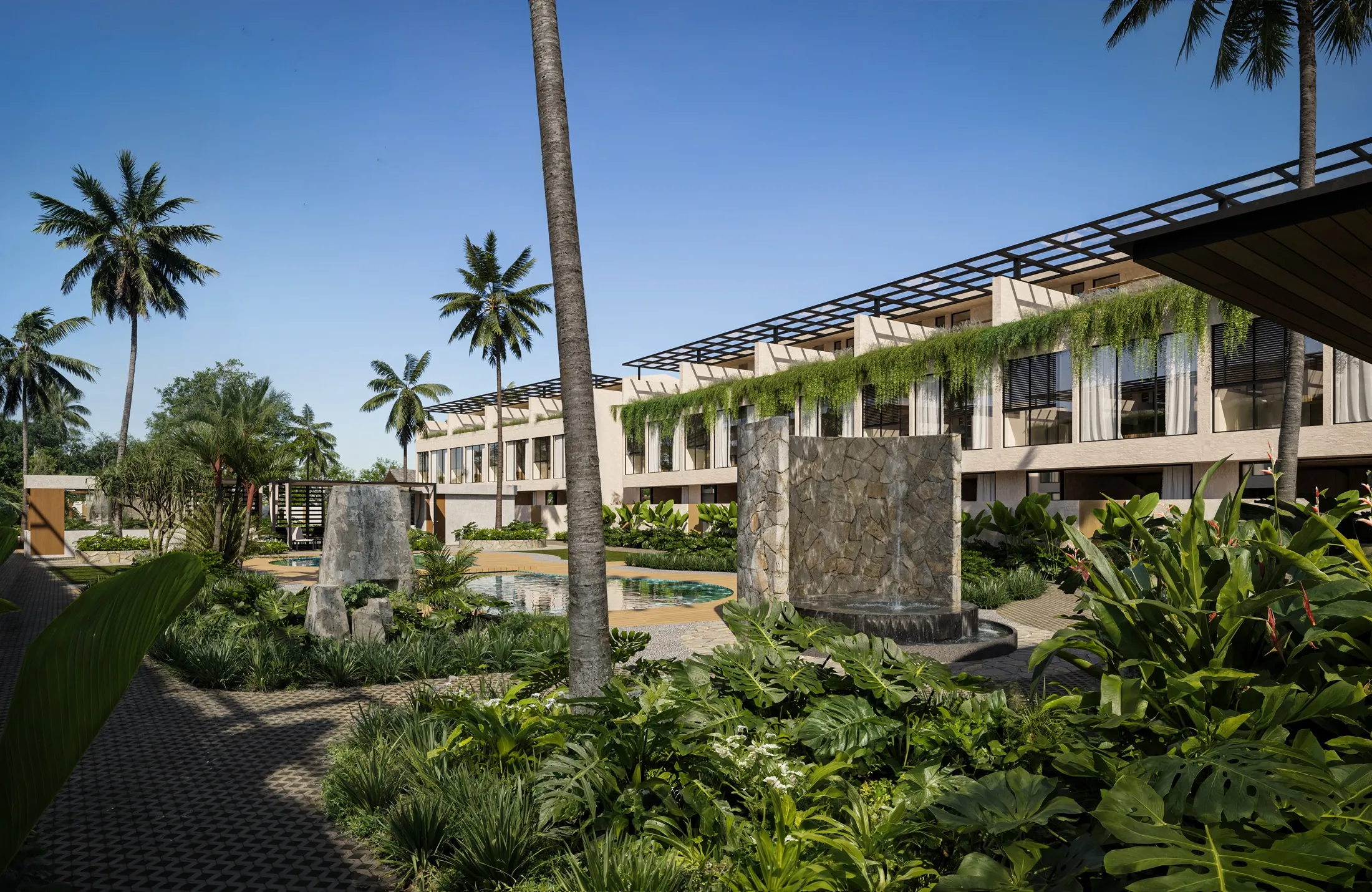 Two-storey garden homes with planted terraces and pergola roofs, seen across the courtyard planting