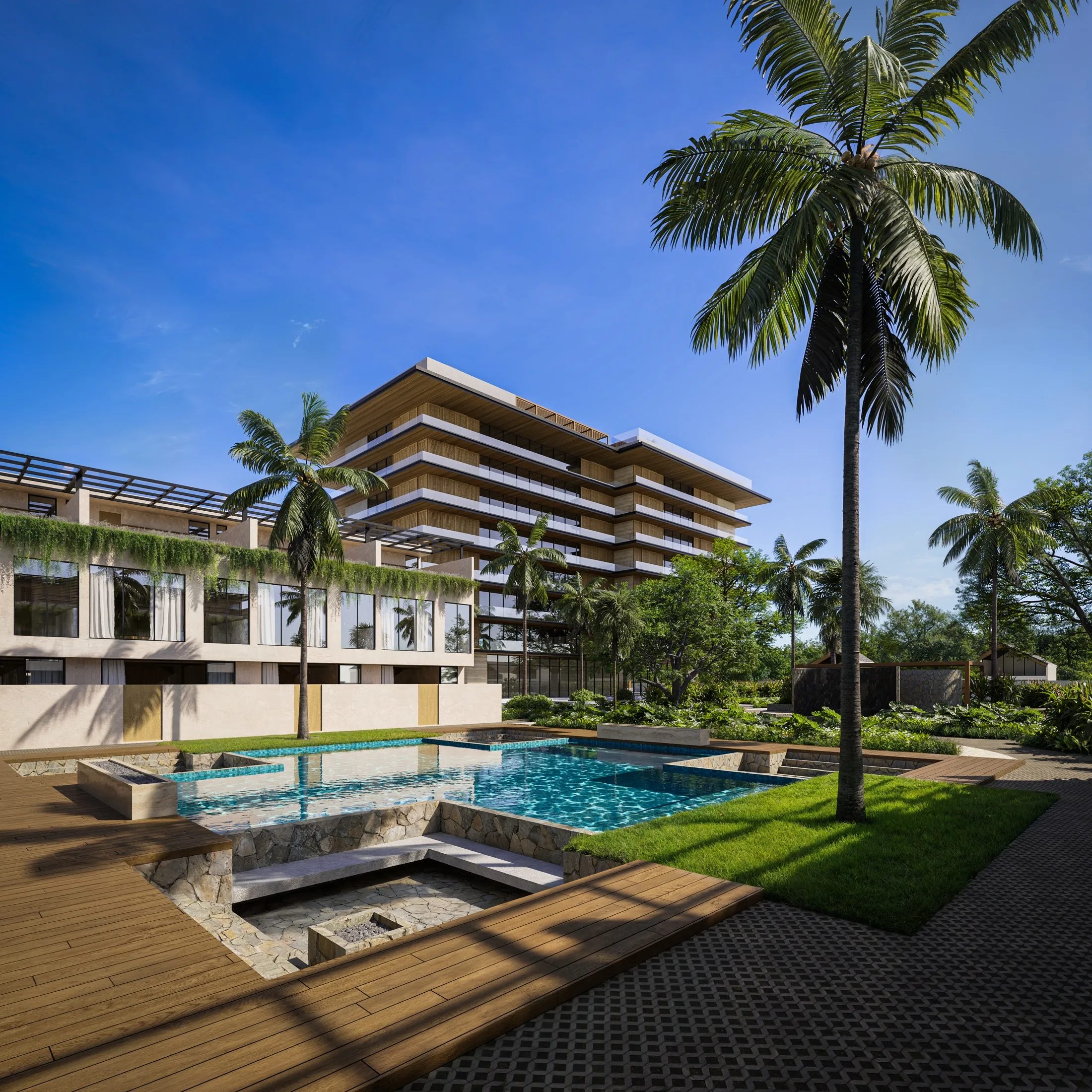 The same pool courtyard at midday