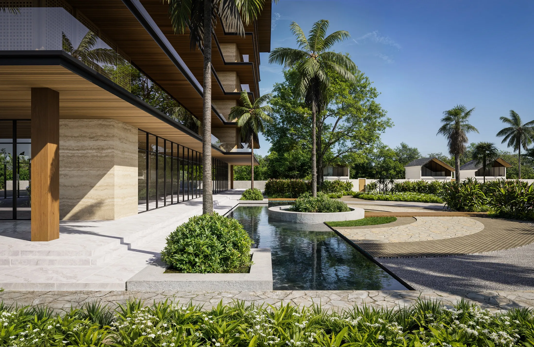 Ground floor of the tower with travertine columns, timber soffits and a reflecting pool along the terrace
